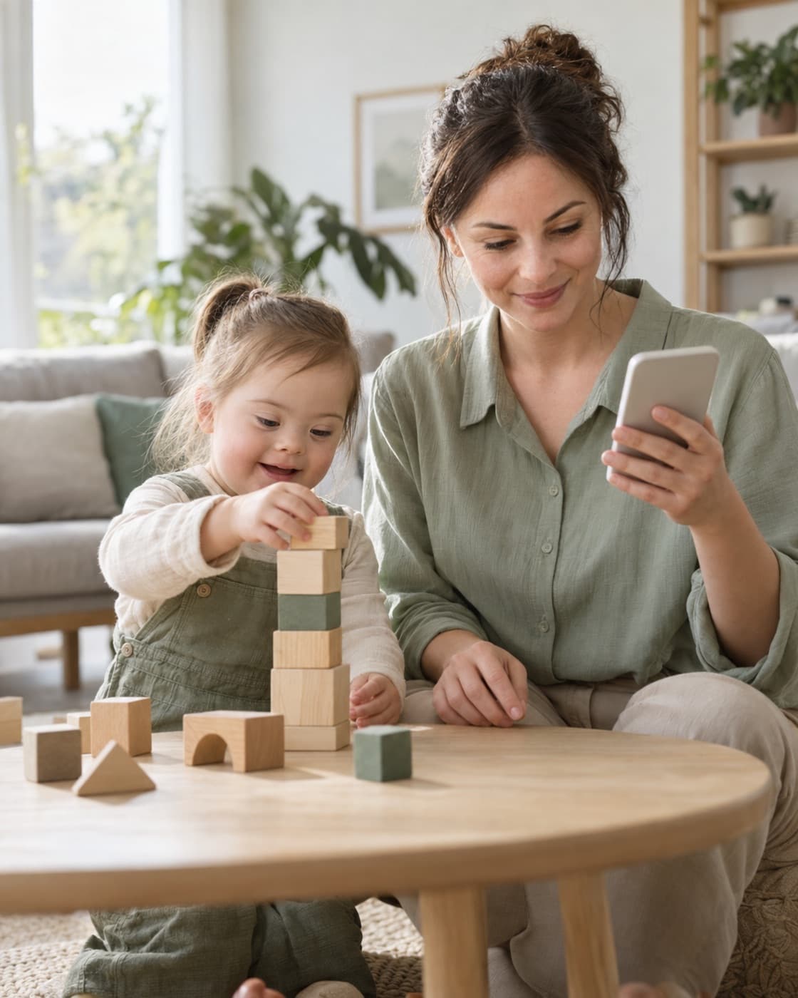A parent using her phone while her daughter stacks wooden blocks